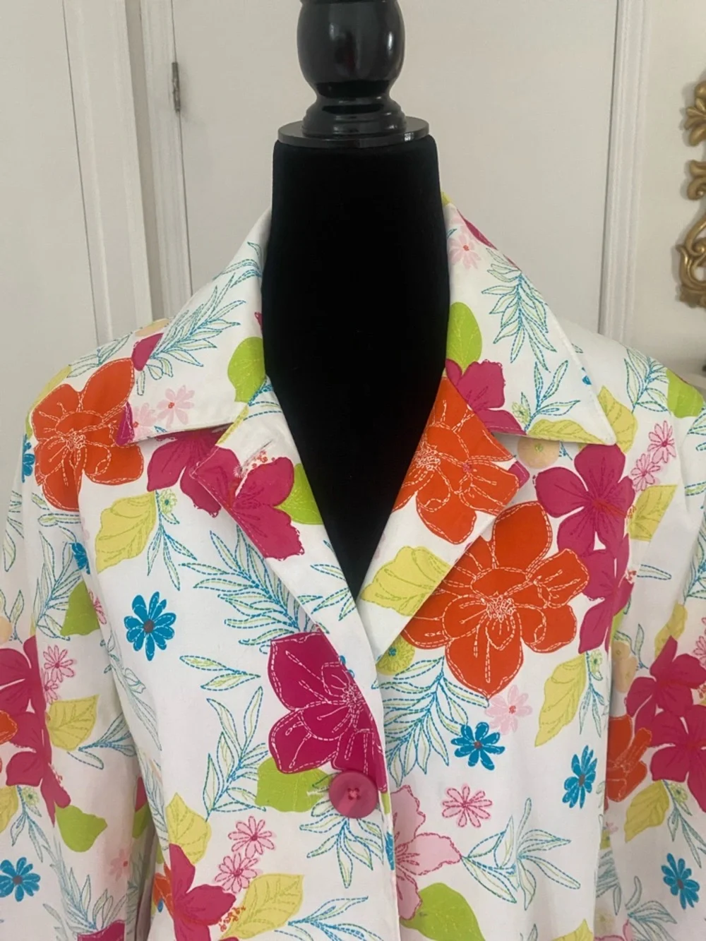 Harvé Benard Bold Colourful Floral button down lined cotton Spring Coat Size 16 - Picture 4 of 17